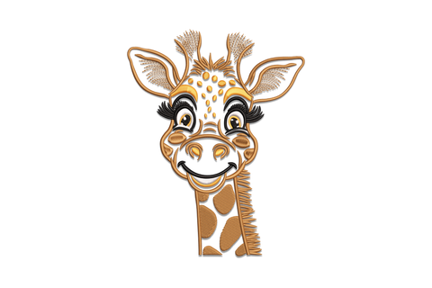 Cute cartoon giraffe face embroidery design with big lash eyes, chocolate spots and orange muzzle on pastel fabric.