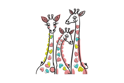 Cute giraffe family with hearts embroidery design, kawaii style tall parent giraffe and baby giraffe with floating pink hearts between them