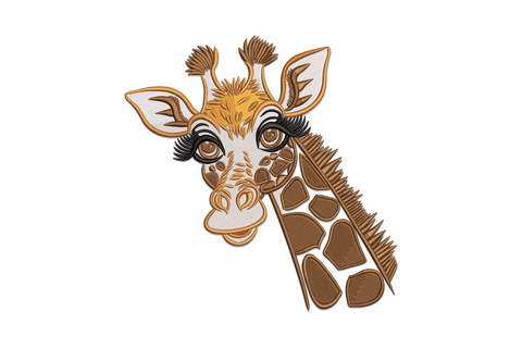Machine embroidery design of a cute giraffe head with organic caramel spots, six colours including warm tan and cream muzzle, safari animal style