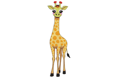 Cute cartoon giraffe embroidery design, full body standing view, mustard yellow with burnt orange spots, pink cheeks and lime green face.