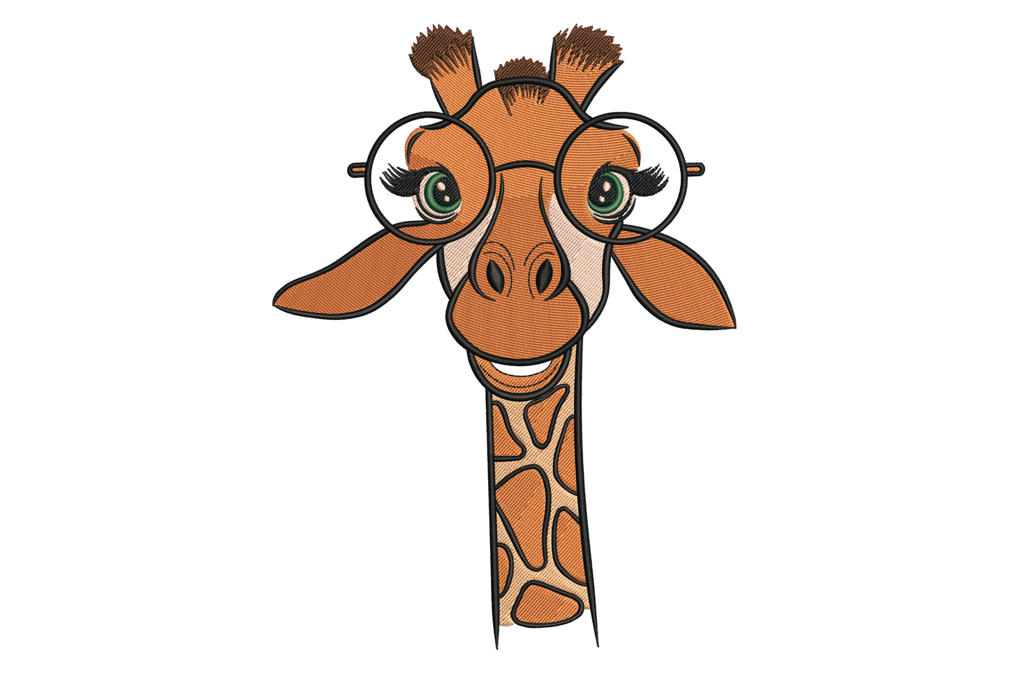 Cute kawaii giraffe with round glasses embroidery design, golden yellow coat with orange spots, big friendly cartoon eyes