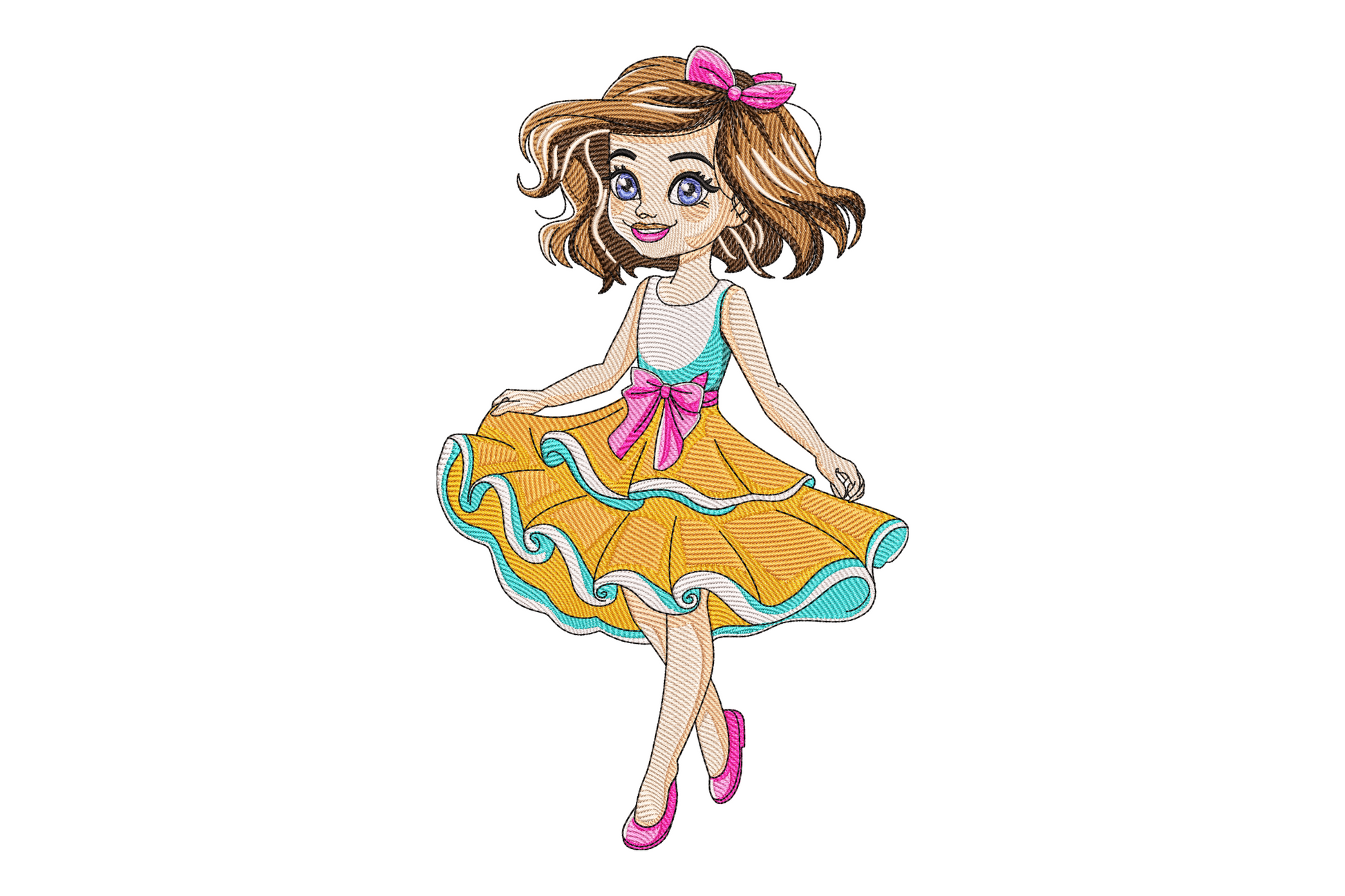 Cute girl doll embroidery design, kawaii cartoon style, orange tutu pink bow, 7 sizes for kids projects