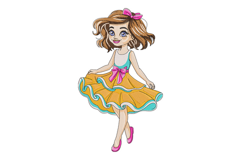 Cute girl doll embroidery design, kawaii cartoon style, orange tutu pink bow, 7 sizes for kids projects