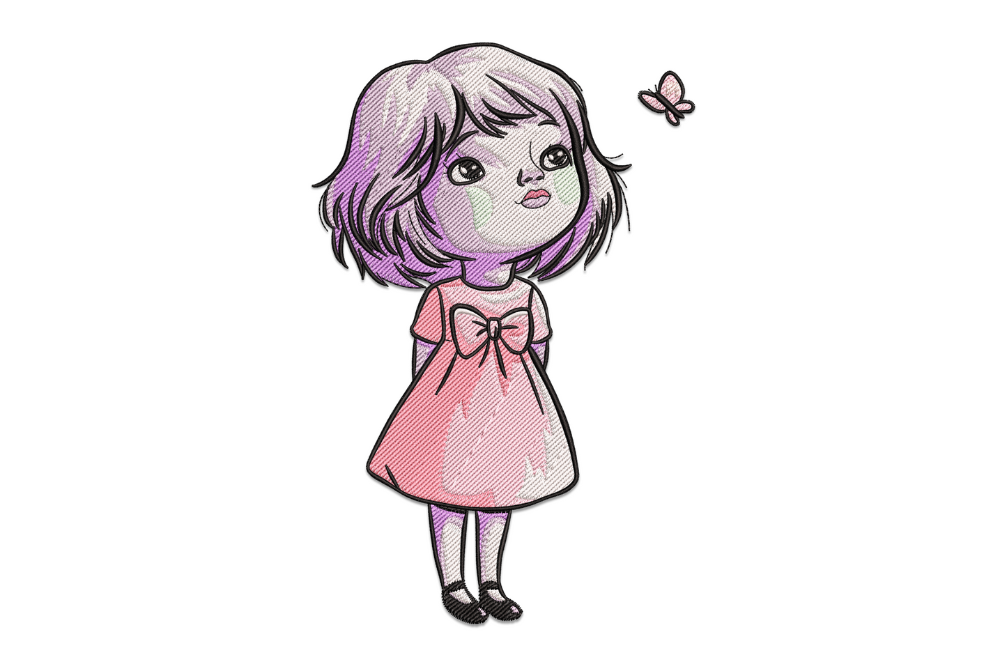 Cute kawaii chibi girl embroidery design, purple bob hair, pink bow dress and small butterfly, pastel kids motif