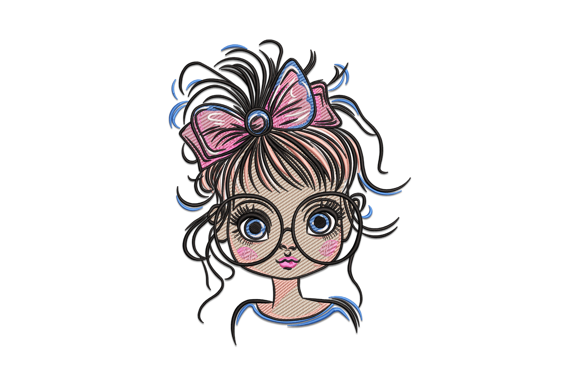Cute cartoon girl face embroidery with big eyes, rosy cheeks, pink bow and dark curly hair on white background