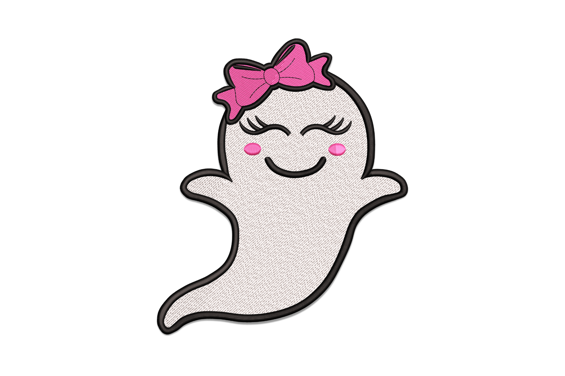Cute girl ghost embroidery design with hot pink bow and blush cheeks, white body and black outlines, kawaii halloween style.