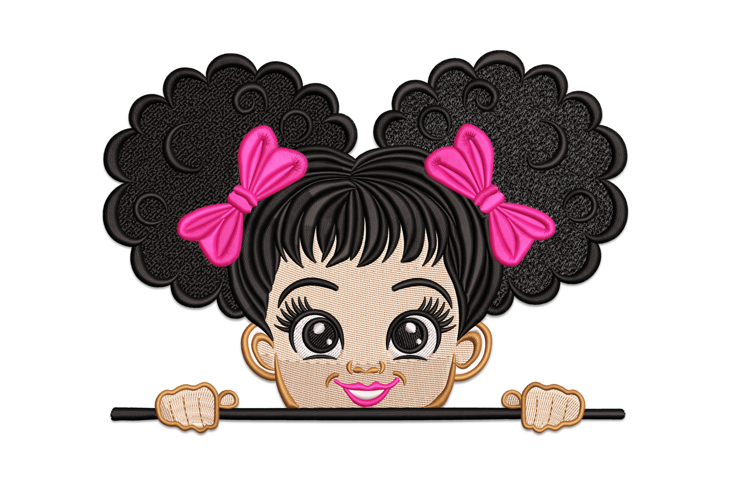 Cute girl peekaboo bow embroidery design, child peeking with large hair bow on top, 6 colour cartoon kids design