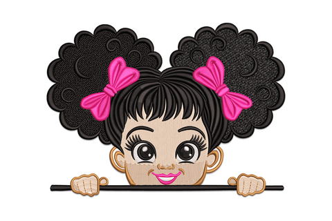 Cute girl peekaboo bow embroidery design, child peeking with large hair bow on top, 6 colour cartoon kids design