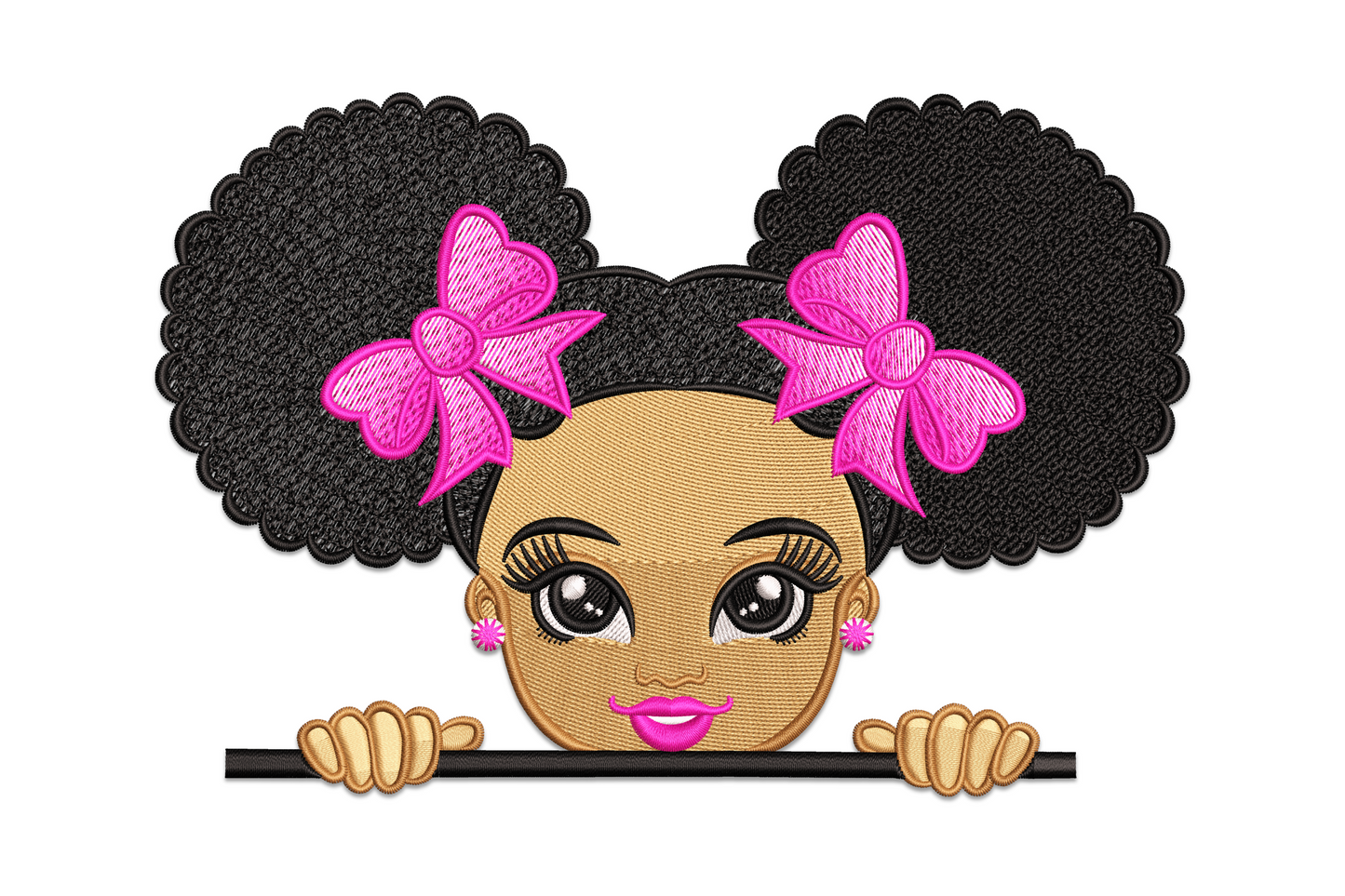 Cute girl peekaboo embroidery design, child with afro puff pigtails peeking over the edge, 5 colour cartoon