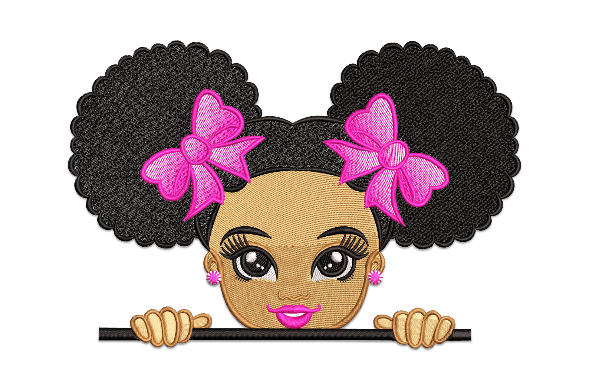 Cute girl peekaboo embroidery design, child with afro puff pigtails peeking over the edge, 5 colour cartoon