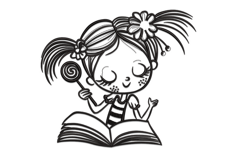 Cute kawaii cartoon girl reading book embroidery, single colour chibi character with pigtails and lollipop, kids motif