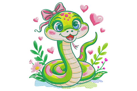 Cute kawaii girl snake embroidery design with mint green coiled body, pink bow, long lashes and three floating pink hearts.