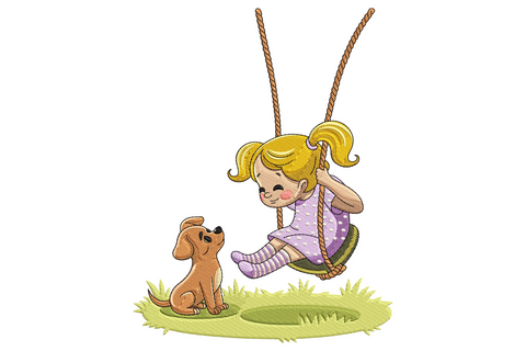 Girl on swing with puppy embroidery design, blonde girl in lavender dress swinging with a tan puppy watching from the green grass below.