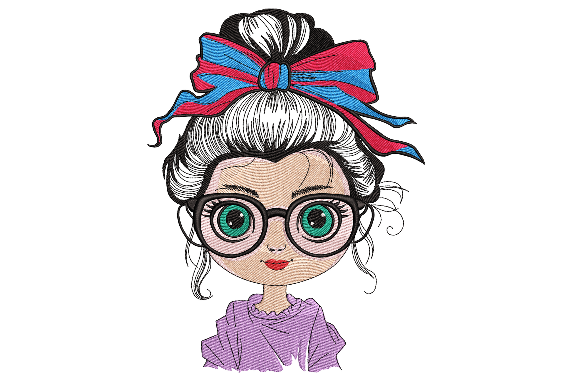 Chibi girl portrait embroidery with dark bun hair, oversized red-and-blue bow, round glasses with teal irises, blush cheeks and lavender top in 9 colours.