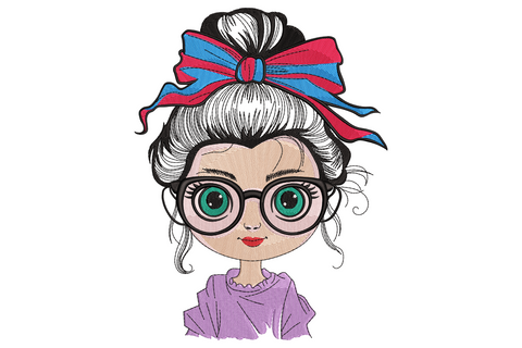 Chibi girl portrait embroidery with dark bun hair, oversized red-and-blue bow, round glasses with teal irises, blush cheeks and lavender top in 9 colours.
