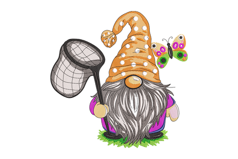 Cute cartoon gnome with pointed red hat, fluffy cream beard, and colourful butterfly perched on its hand, thirteen-colour machine embroidery design on white background.