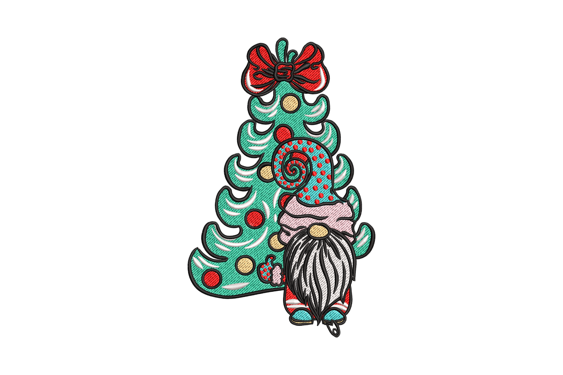 Small gnome with striped beard peeking out from behind a chunky teal christmas tree with red bow topper and colourful ornaments, festive embroidery in 7 colours