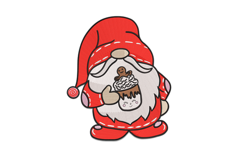 Machine embroidery design of a round gnome in red hat with white beard holding a cocoa mug with whipped cream topping, 6 colors