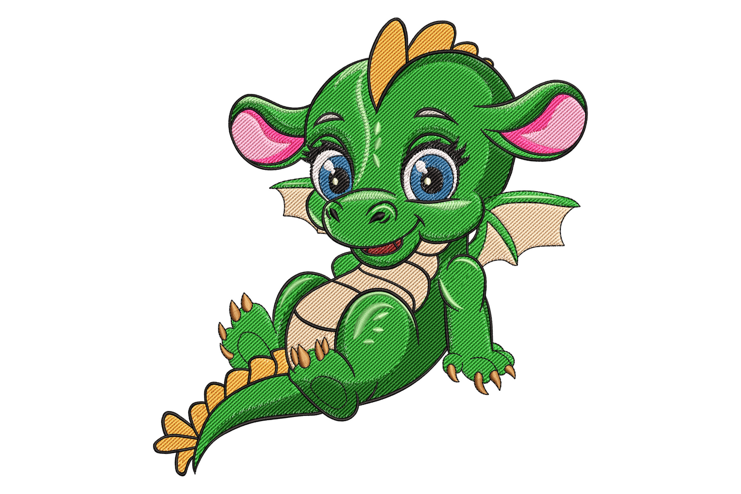 Cute green baby dragon embroidery design with oversized eyes, lime green scales, cream belly, and tiny stubby wings, soft kawaii style on white background.