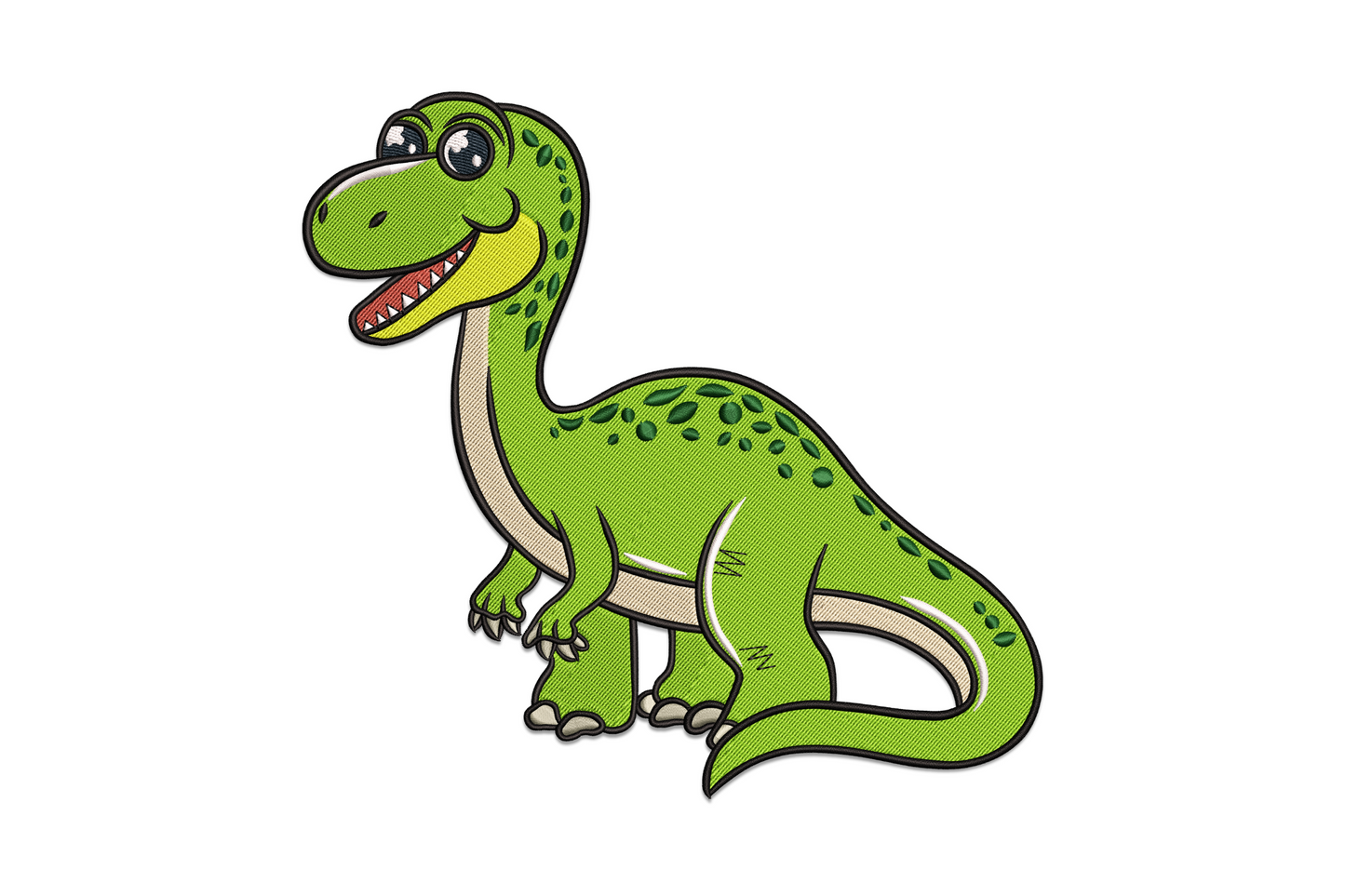 Cute green cartoon T-rex dinosaur embroidery with cream belly stripe, big friendly eye, grin and small dark green spots on his back