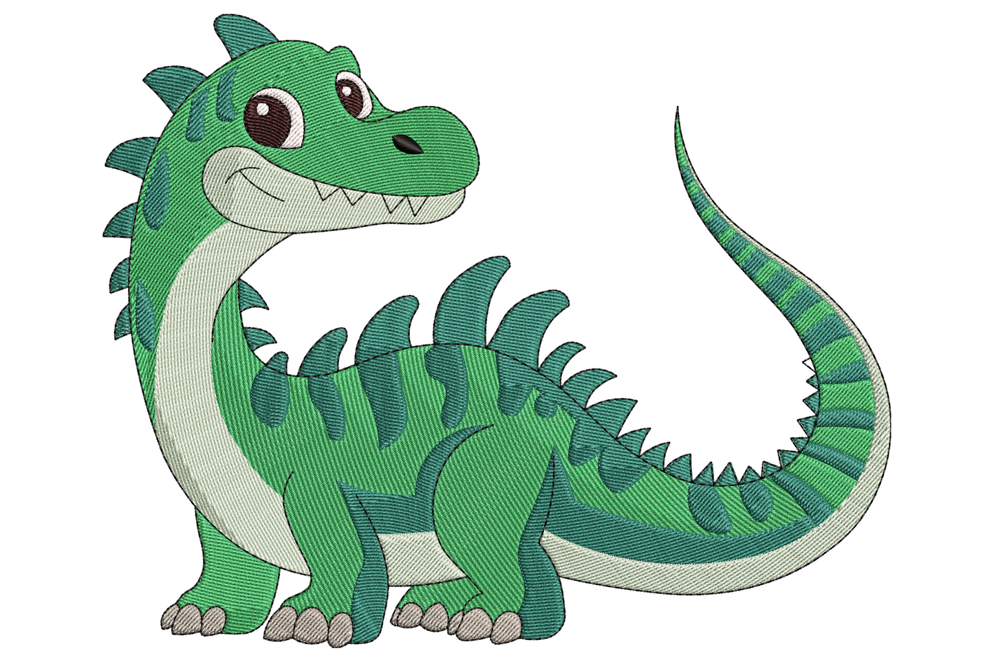 Cute cartoon green dinosaur with darker forest green stripes, a spiky back ridge, mint belly and a long curling tail.