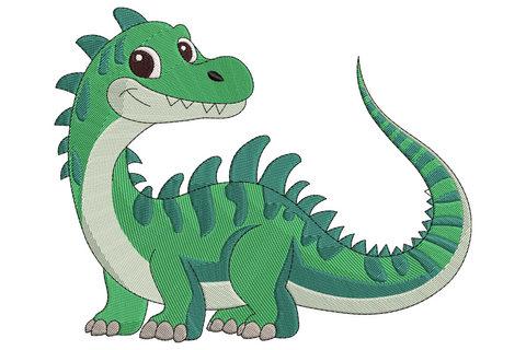 Cute cartoon green dinosaur with darker forest green stripes, a spiky back ridge, mint belly and a long curling tail.