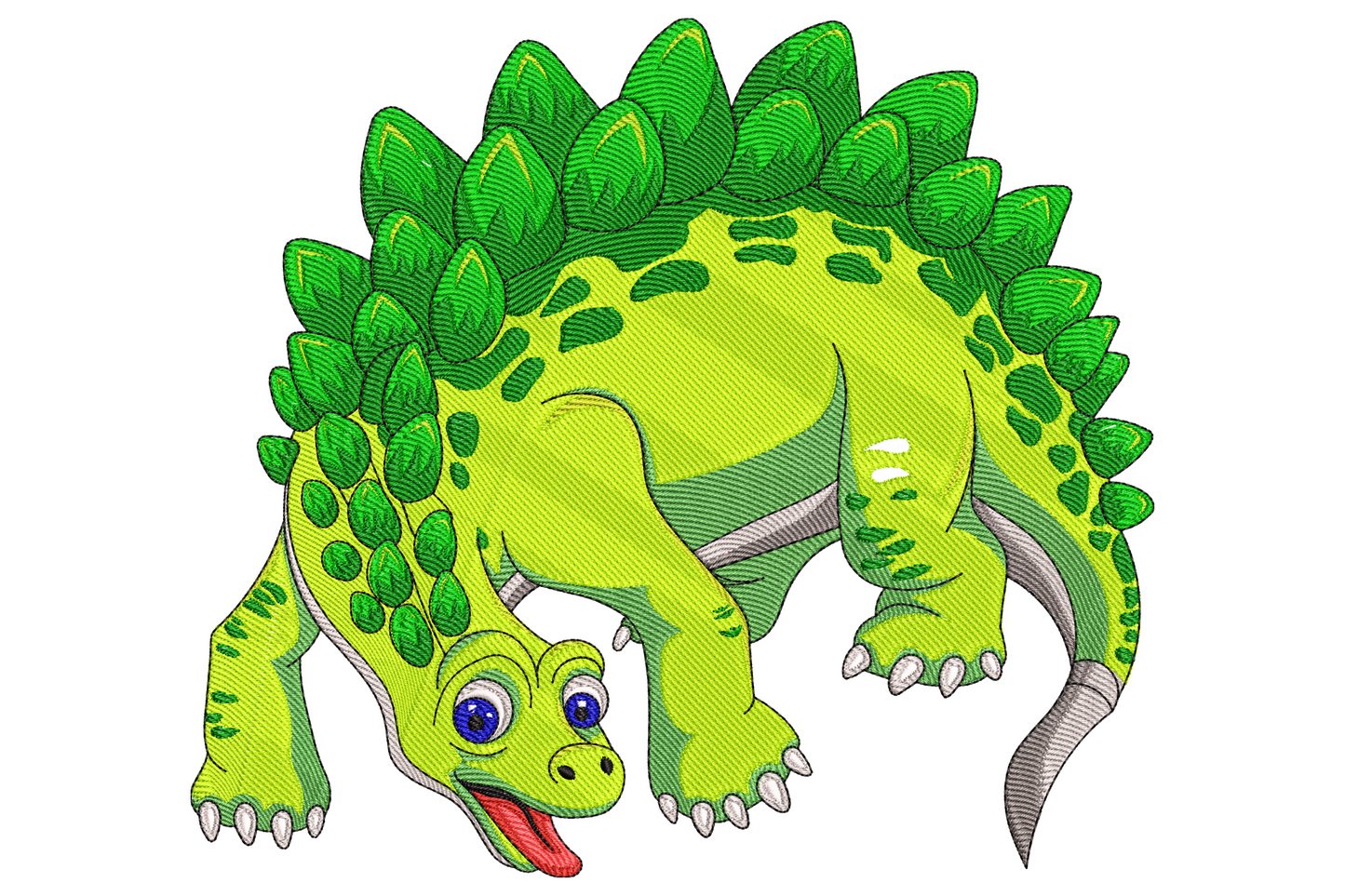 Cute cartoon green stegosaurus embroidery with leaf green body, mint belly and pink, coral back plates.