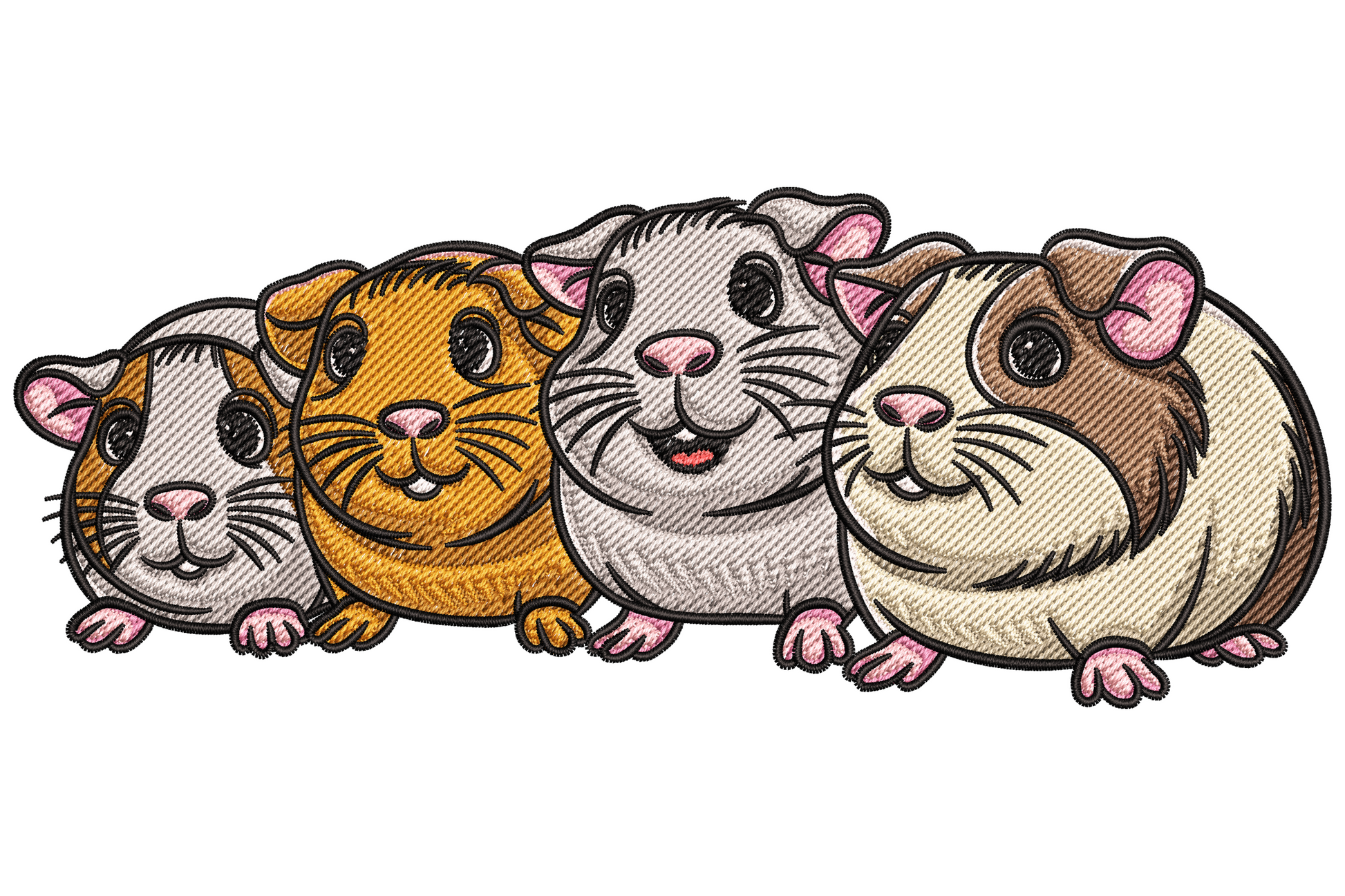 Guinea pig family embroidery with four cartoon piggies in cream, ginger, grey and brown saddle coats lined up in a row.