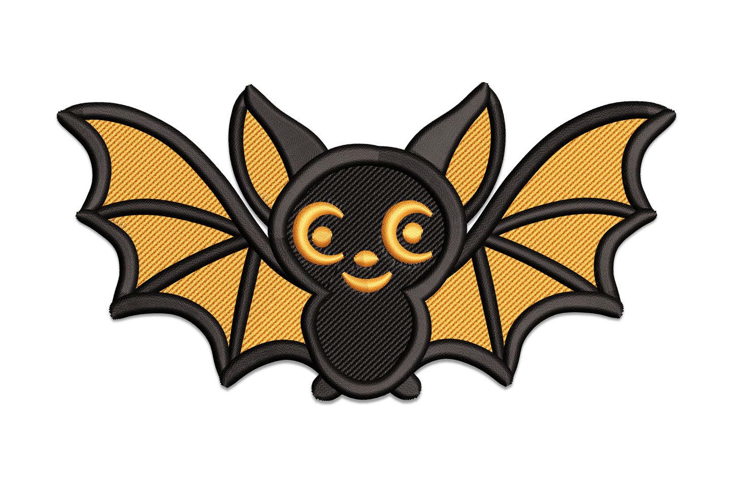 Cute Halloween bat machine embroidery design with orange satin wings and black body, wide wingspan on white background