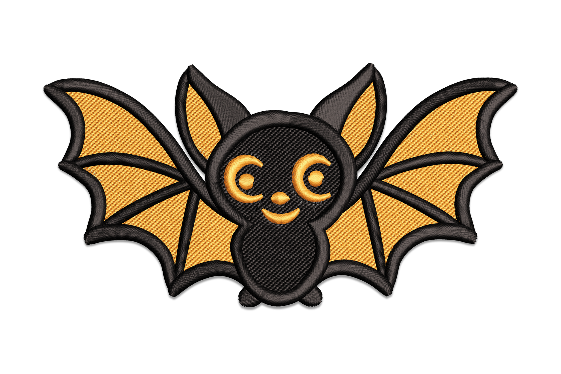 Cute Halloween bat machine embroidery design with orange satin wings and black body, wide wingspan on white background