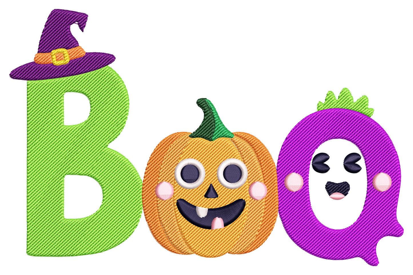 Halloween boo ghost embroidery design, cute round ghost with wide eyes and open mouth boo expression in 13 colours on white ground, 3.5 inches wide.