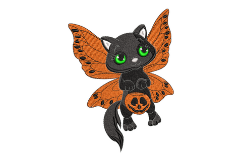 Whimsical cat character with large butterfly wings in 6 colours including coral orange and lavender, halloween fantasy machine embroidery design, 5 sizes from 3.5 to 7.5 inches wide