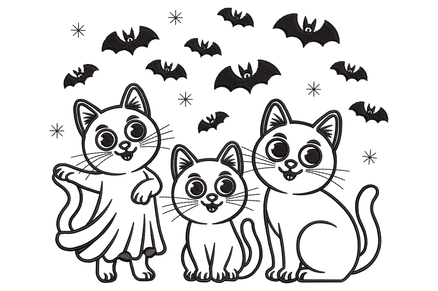 Halloween cat family machine embroidery design, three cartoon cats in arched halloween pose, single colour silhouette, 3.5 by 2.86 inches landscape, cute spooky style.