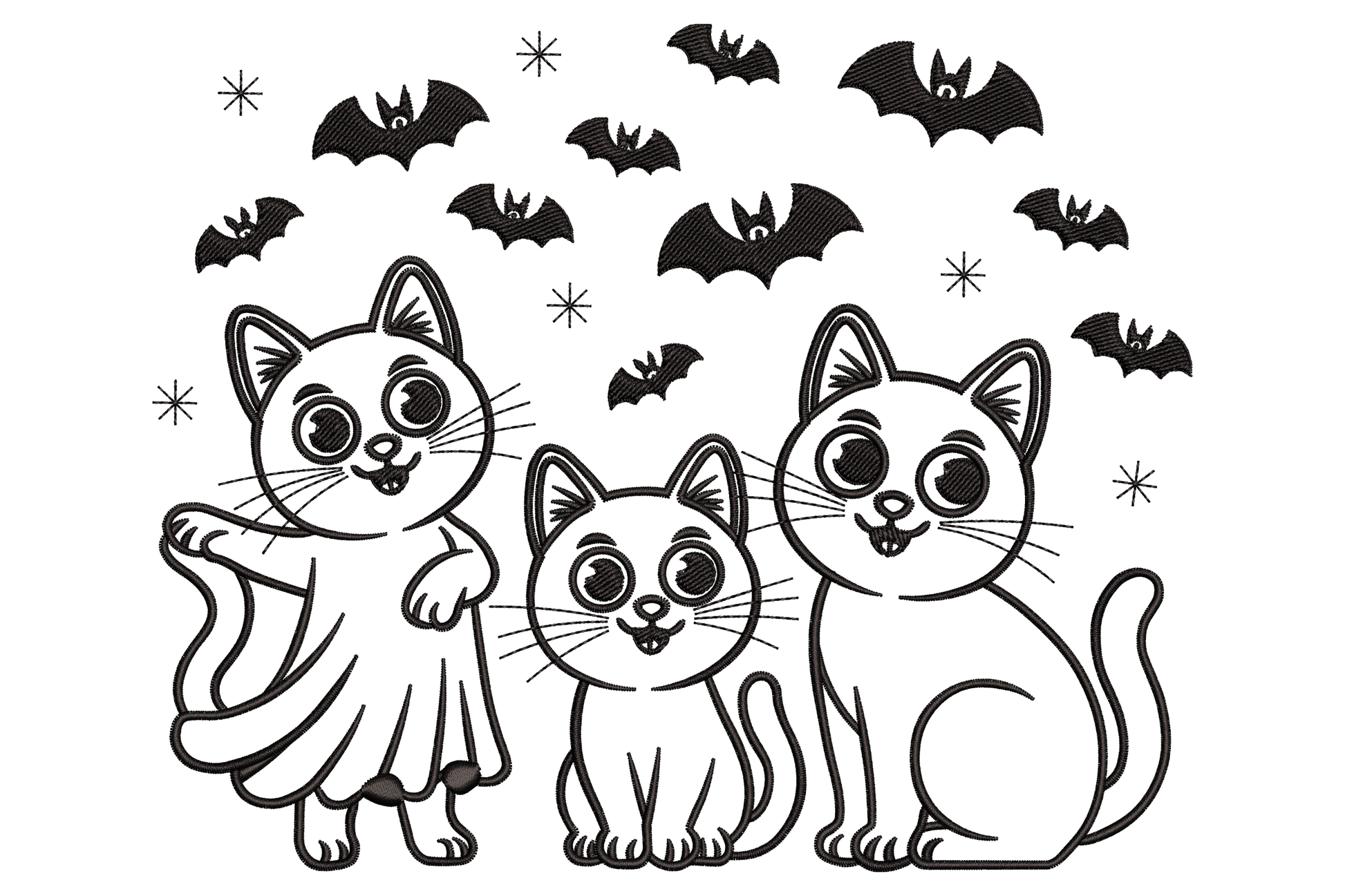 Halloween cat family machine embroidery design, three cartoon cats in arched halloween pose, single colour silhouette, 3.5 by 2.86 inches landscape, cute spooky style.