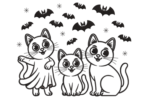 Halloween cat family machine embroidery design, three cartoon cats in arched halloween pose, single colour silhouette, 3.5 by 2.86 inches landscape, cute spooky style.