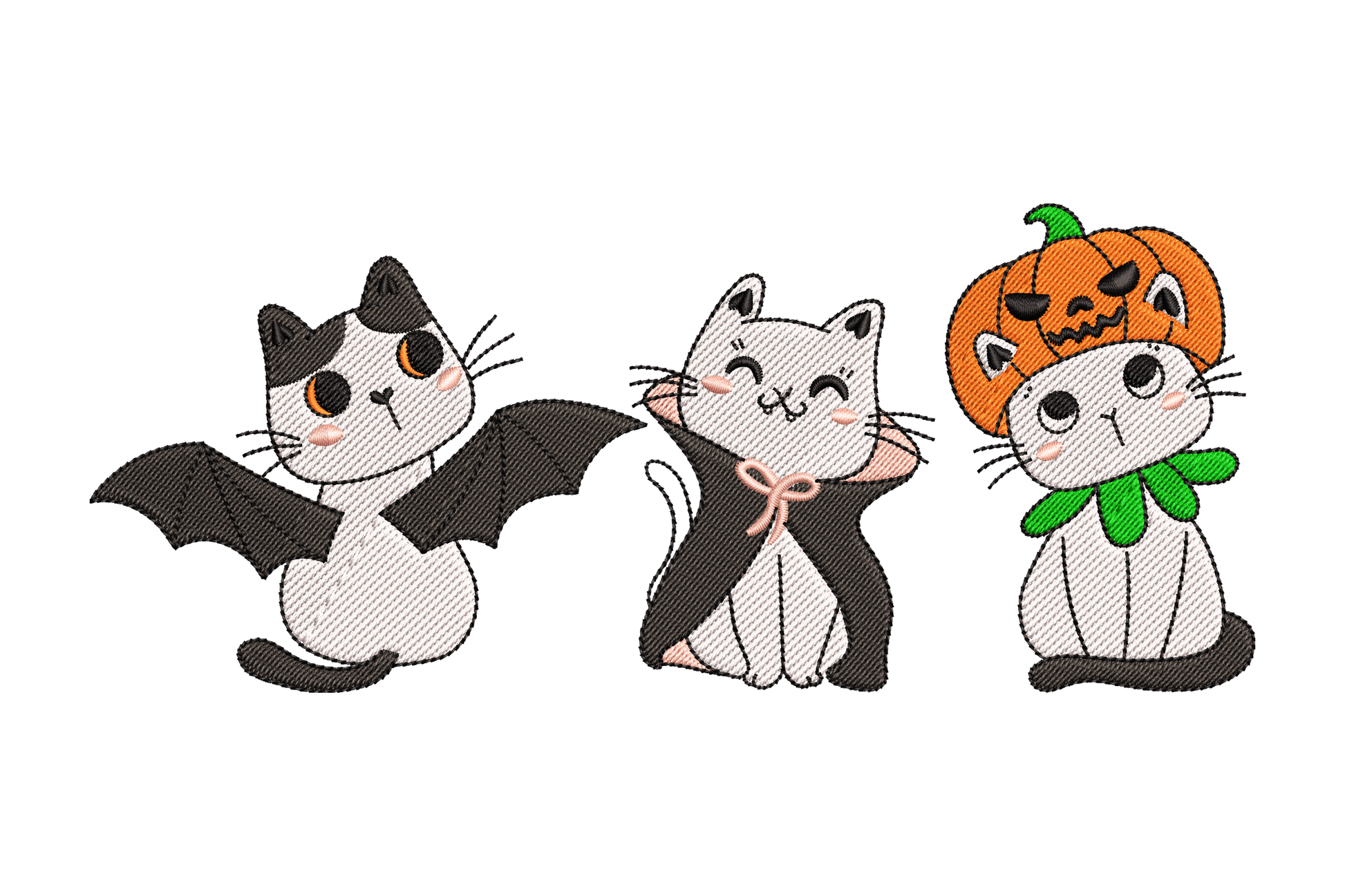 Cute halloween cats embroidery design, three cats in bat, mummy and pumpkin hat costumes, 6 colours, kawaii cartoon style.