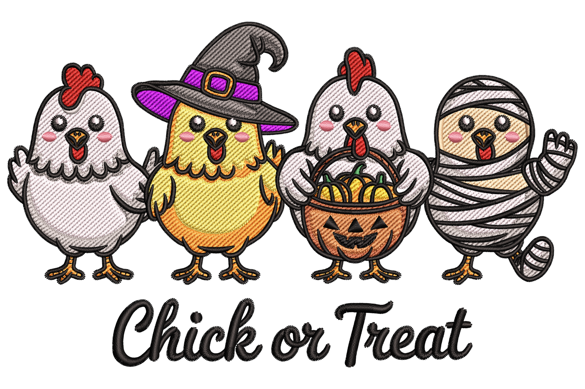 Halloween chicken embroidery design, fluffy white cartoon chicken wearing black witch hat with detailed feather satin texture in 16 colours, 3.51 inches wide.