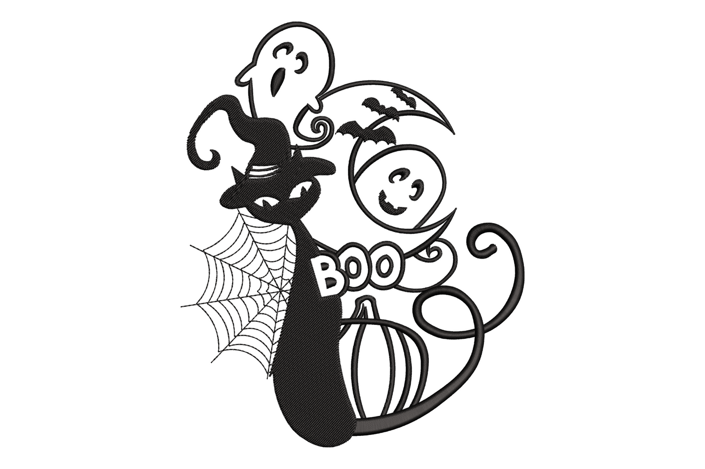 Cute Halloween ghost Boo embroidery design with black cat witch hat spider web bats and pumpkin, single colour, 5 sizes up to 7.5 inches