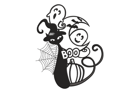 Cute Halloween ghost Boo embroidery design with black cat witch hat spider web bats and pumpkin, single colour, 5 sizes up to 7.5 inches