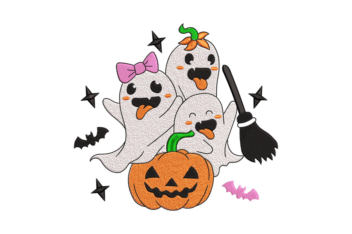 Halloween ghost trio embroidery design, kawaii ghosts with pink bow, pumpkin hat, bats, jack-o-lantern, 5 colours