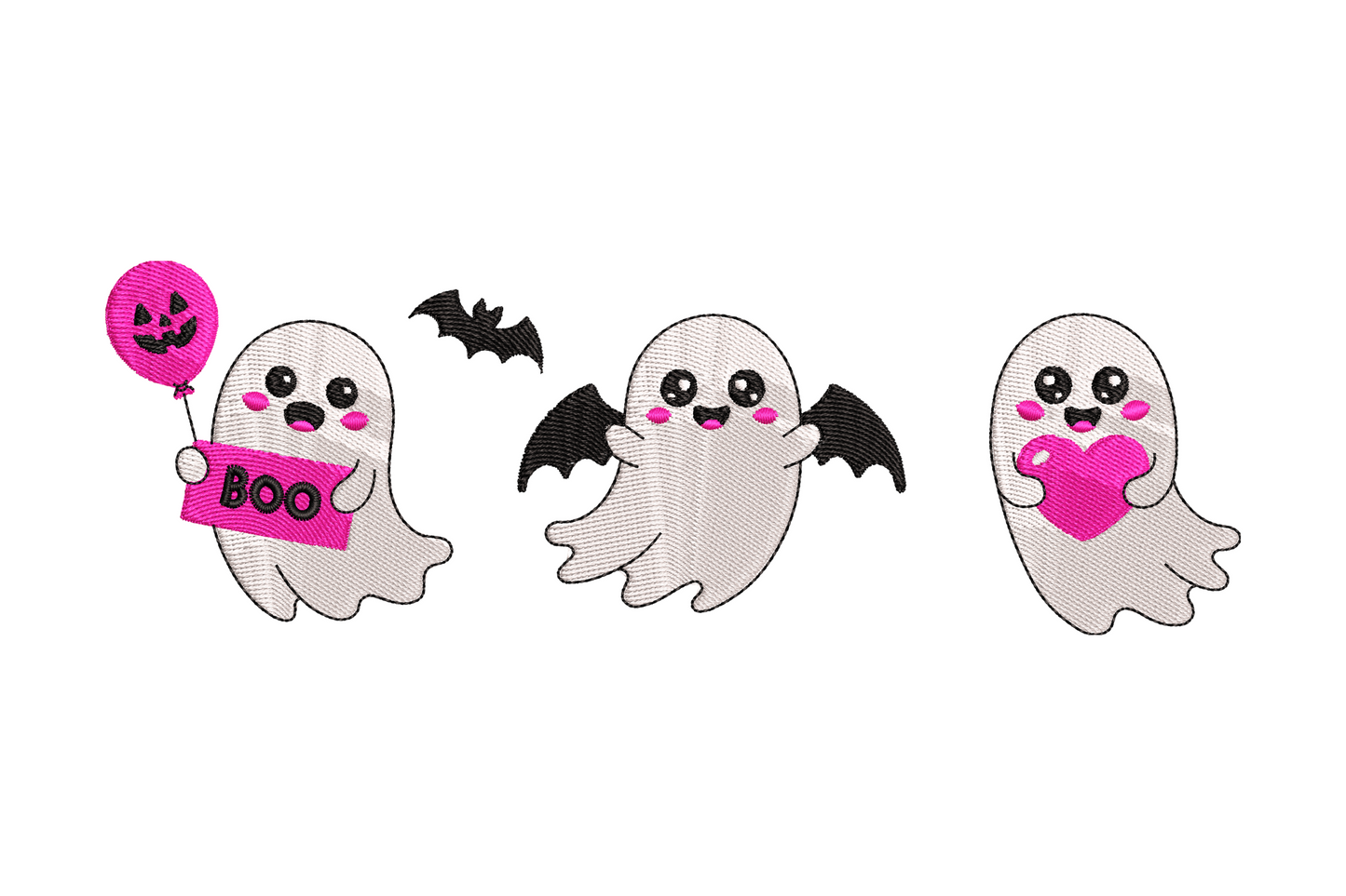 Three cute Halloween ghost embroidery trio, chubby rounded ghosts with different dot eye expressions lined up in a row