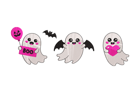 Three cute Halloween ghost embroidery trio, chubby rounded ghosts with different dot eye expressions lined up in a row