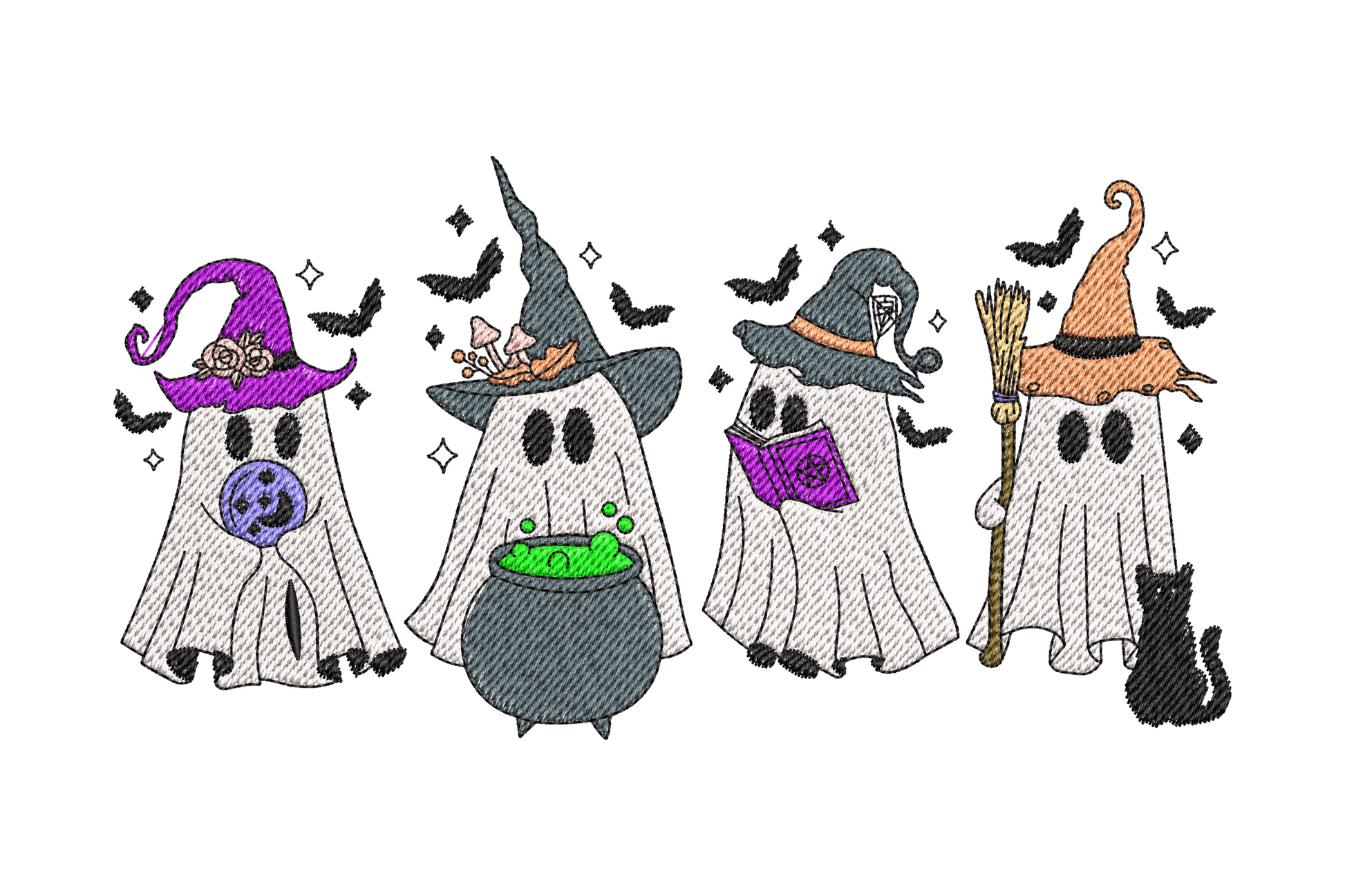 Halloween embroidery of four sheet ghosts dressed as witches with cauldron, broom, spell book and bats across the top