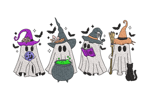Halloween embroidery of four sheet ghosts dressed as witches with cauldron, broom, spell book and bats across the top