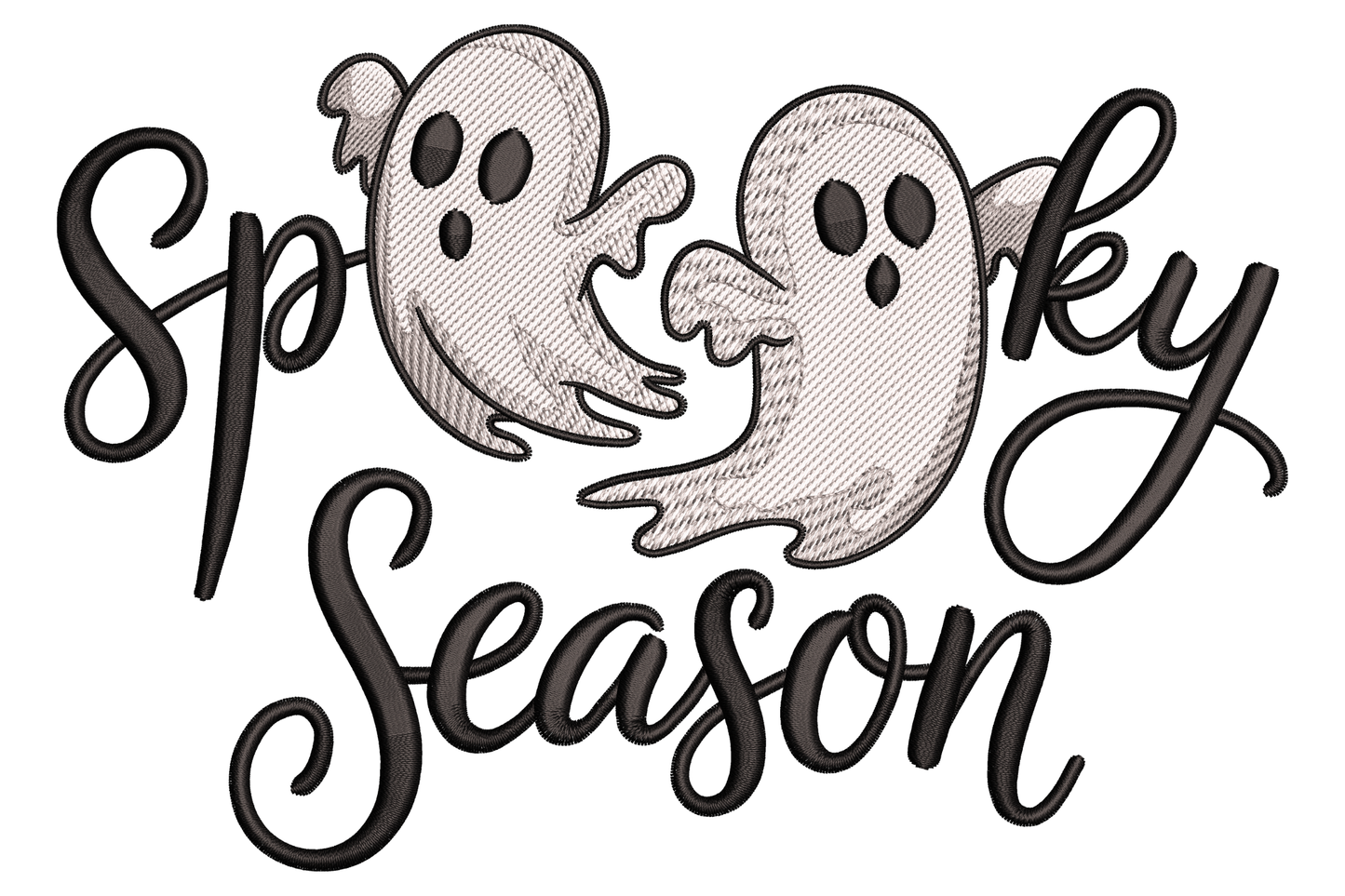 Three round cartoon Halloween ghosts in white and light grey with surprised oval eyes, soft rounded style, clustered design 3.51 inches wide machine embroidery