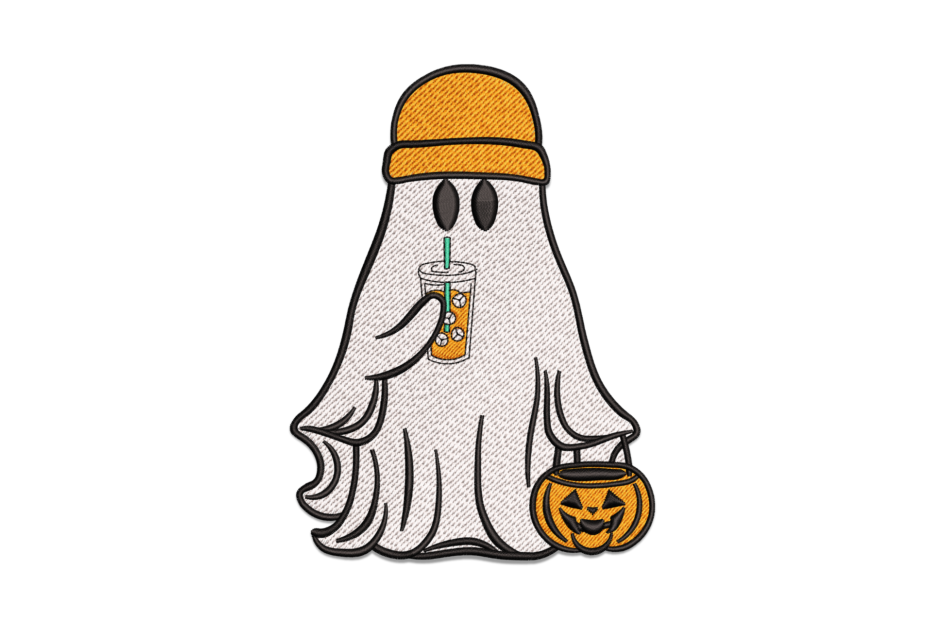 Halloween ghost wearing an orange bucket hat, holding an iced drink and carved pumpkin bucket, machine embroidery design on white background