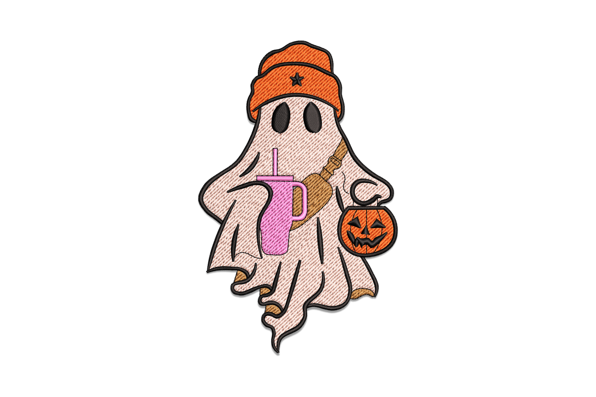 Cute blush peach halloween ghost in orange beanie carrying pink tumbler drink and jack-o-lantern pumpkin, 5 colour embroidery design, sizes 2.51 to 5.51 inch