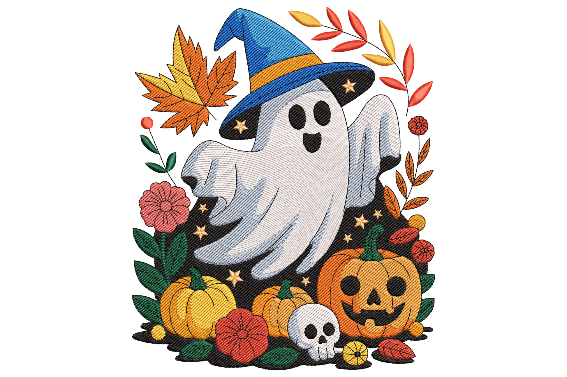 Cute cartoon ghost wearing a pointed black witch hat with orange buckle, round surprised eyes, small floating arms, white body, halloween embroidery design on neutral background.