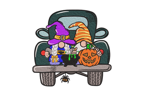 Machine embroidery design of a cute Halloween gnome riding a pumpkin-laden pickup truck, 18-colour whimsical autumn design