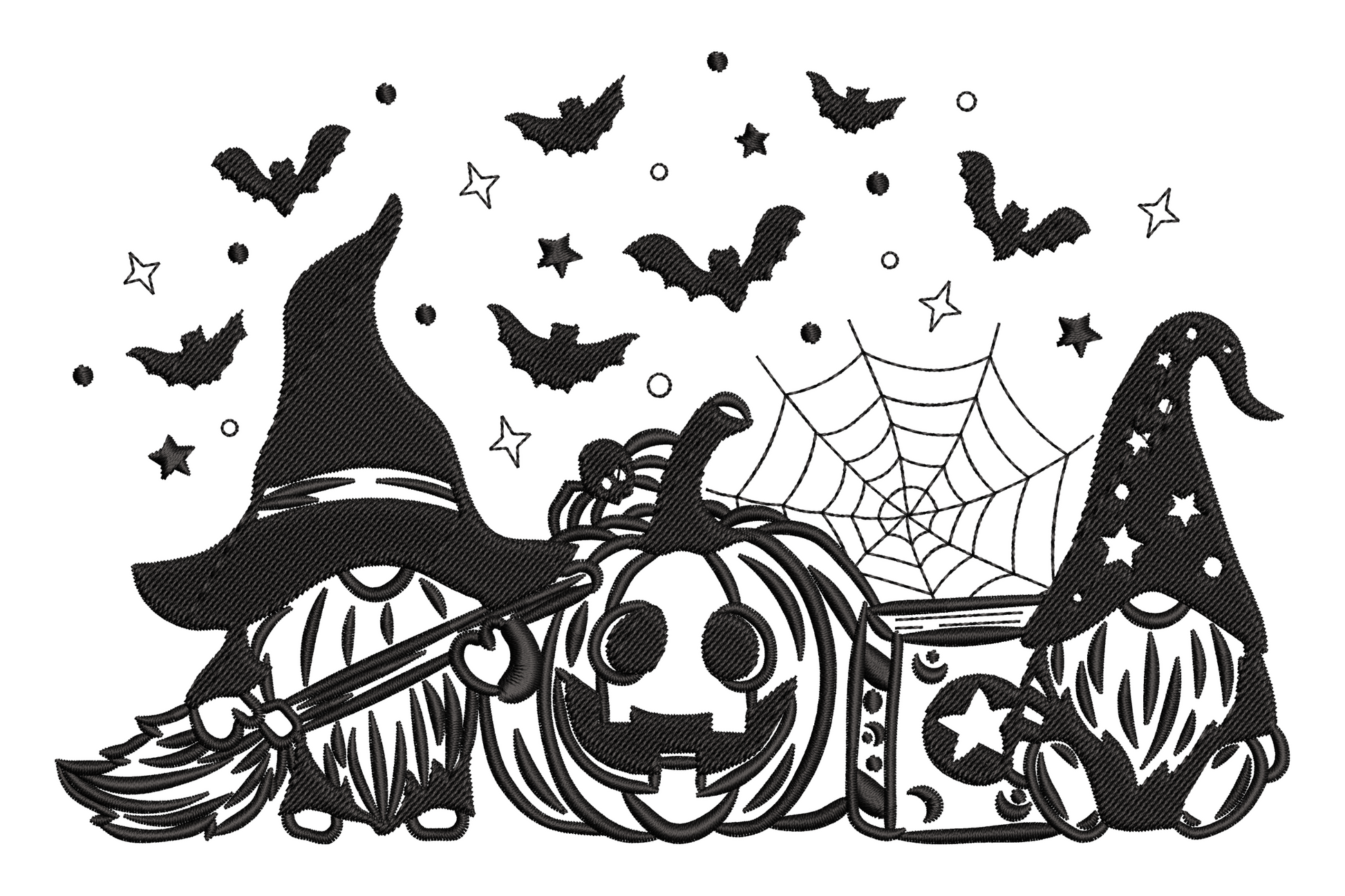 Halloween gnomes pumpkin bats embroidery, single colour cute gnomes in halloween hats, pumpkin scene, 5 sizes to 4.83 inches